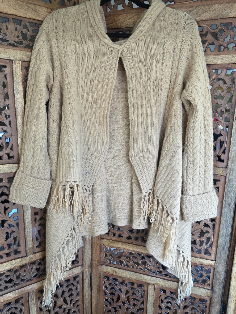 Ralph Lauren Cream Cable Knit Fringe Open-Front Cardigan